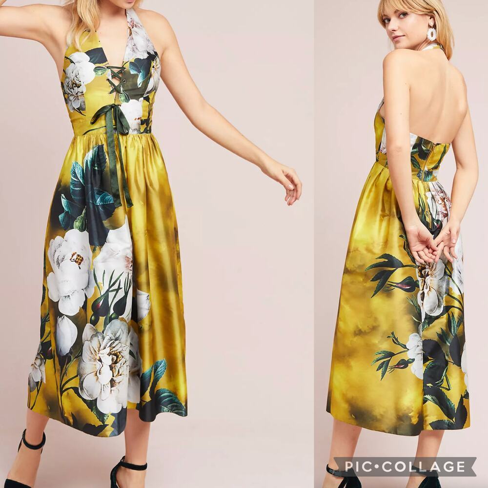 Anthropologie Hemant Nandita Yellow Floral Sleeveless Taffeta Halter Dress 10